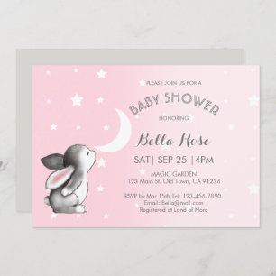 Pink Grey Moon Stars Bunny Baby Shower Invitations