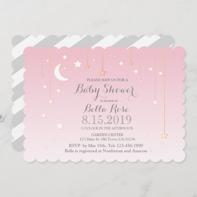 Pink Grey Moon Stars Girl Baby Shower Invite (Front/Back)