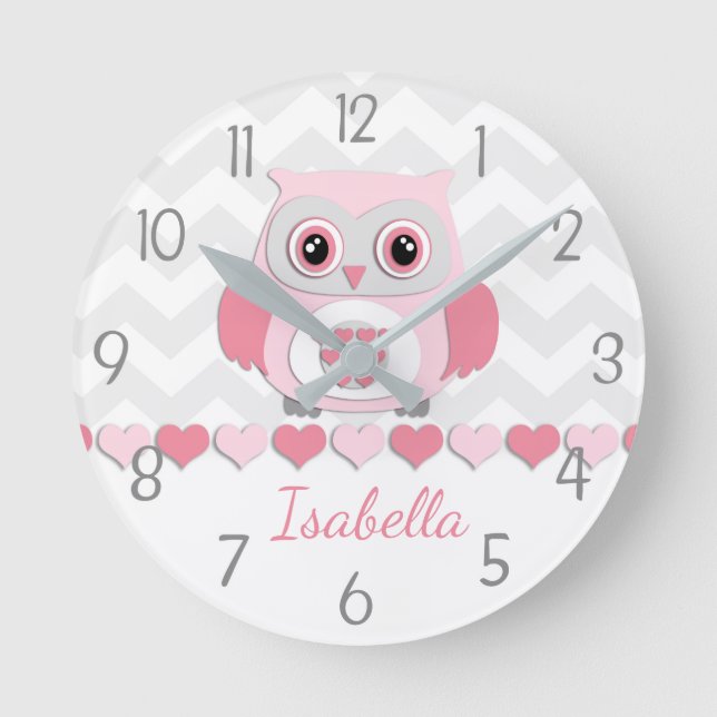 Pink Grey Owl Wall Clock (Front)