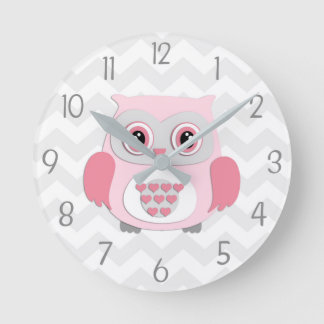 Pink Grey Owl Wall Clock