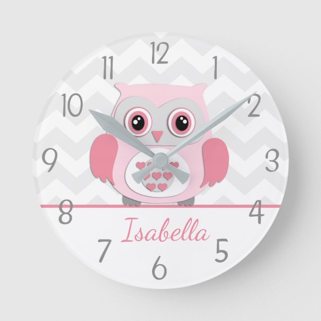 Pink Grey Owl Wall Clock (Front)