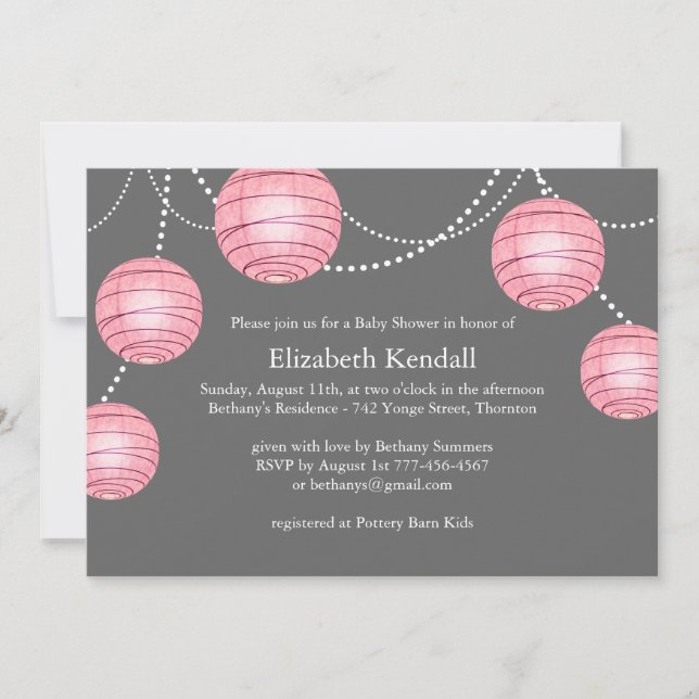 Pink & Grey Party Lantern Baby Shower Invitation (Front)