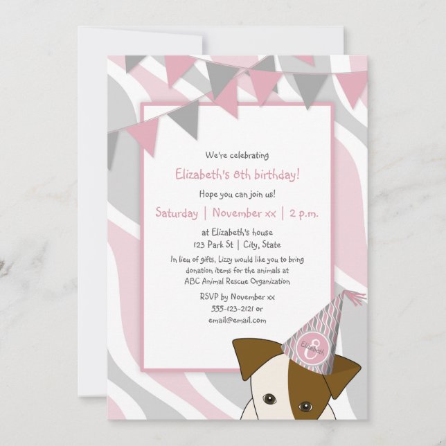 pink grey party puppy peeking girl's birthday invitation (Front)
