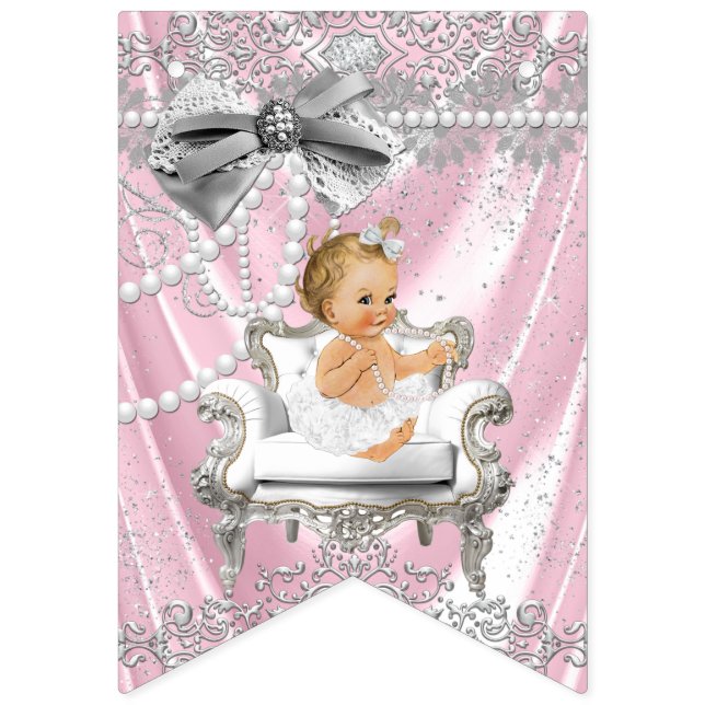 Pink Grey Pearl Chair Girly Baby Shower Bunting (First Flag)