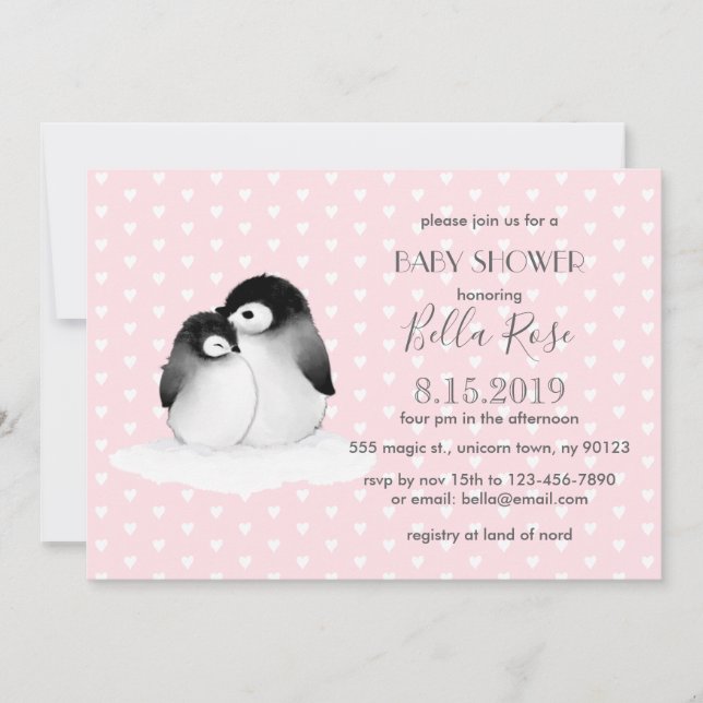 Pink Grey Penguins Hearts Baby Shower Invitation (Front)