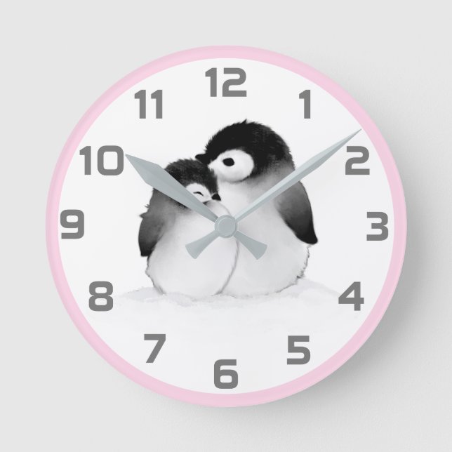 Pink Grey Penguins Wall Clock (Front)