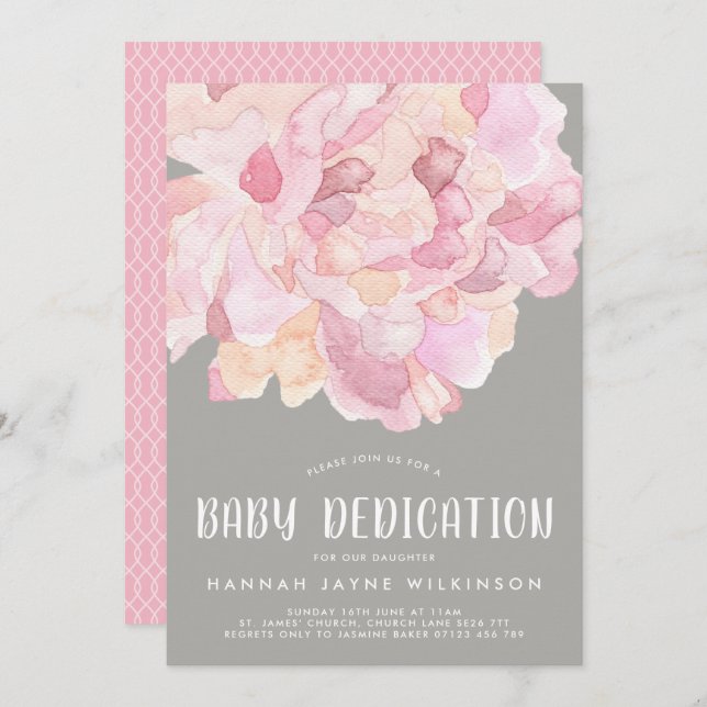 Pink & Grey Peony Watercolor Baby Dedication Invitation (Front/Back)