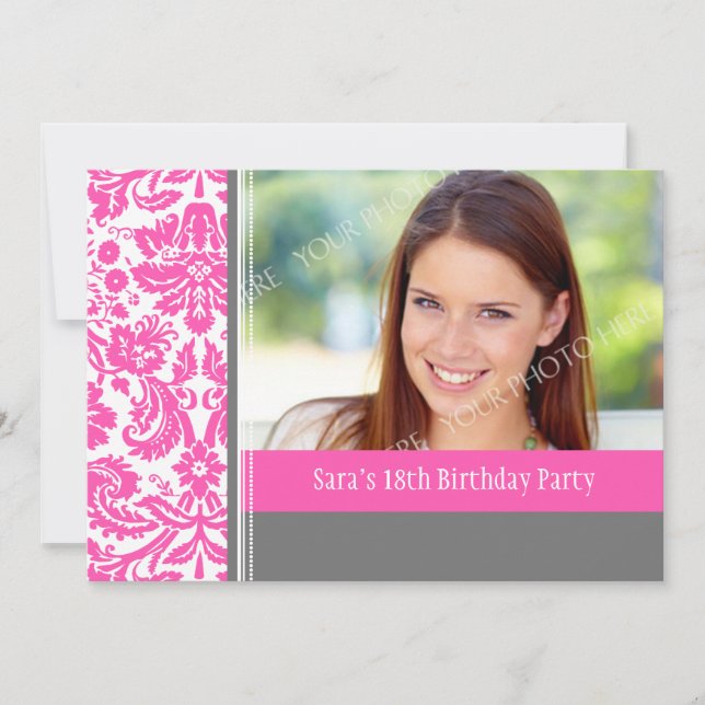 Pink Grey Photo 18th Birthday Party Invitation (Front)
