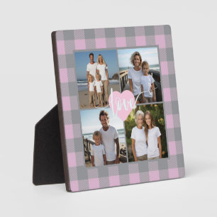 Pink grey plaid elegant Family 4 photo love heart Plaque