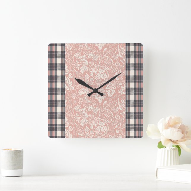 Pink & grey plaid stripes AI art  Square Wall Clock (Home)
