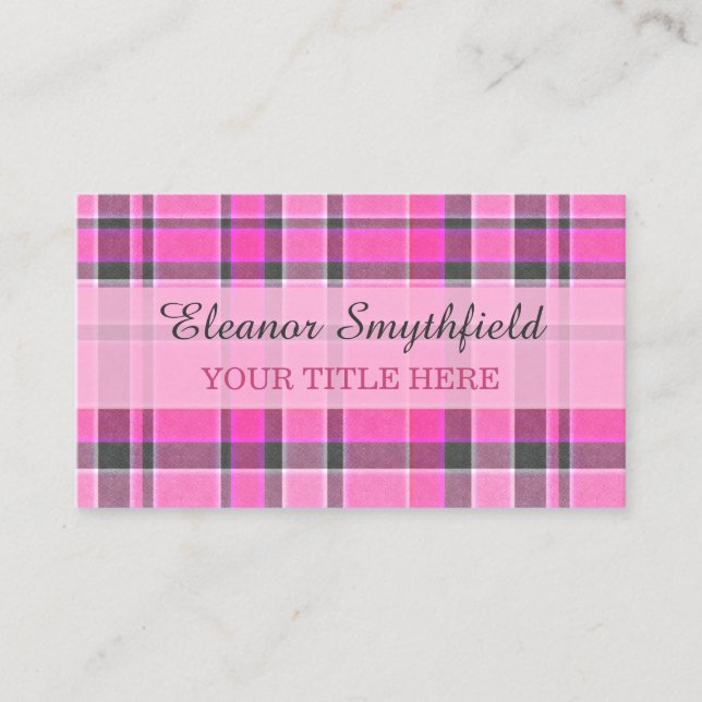 Pink Grey Plaid Tartan Business Card (Front)