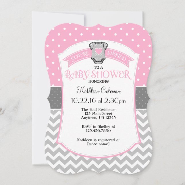 Pink Grey Polka Dot Chevron Baby Shower Invite (Front)