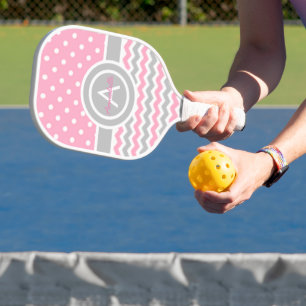 Pink Grey Polka Dot Chevron Pickleball Paddle