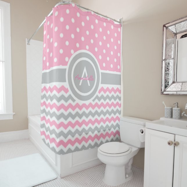 Pink Grey Polka Dot Chevron Shower Curtain (In Situ)