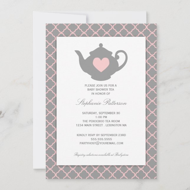 Pink + Grey Quatrefoil Baby Shower Tea Party Invitation (Front)