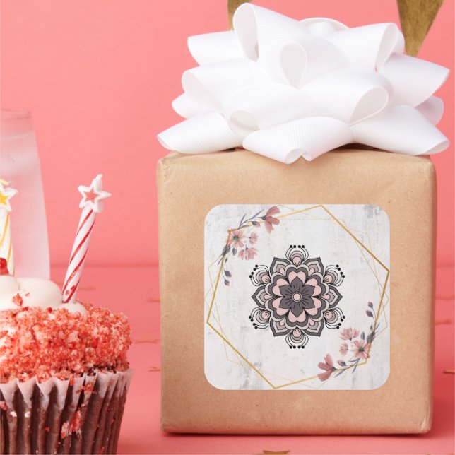 Pink & Grey Rangoli Bloom Square Sticker (Party)