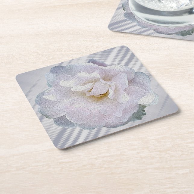 Pink grey rose square paper coaster (Angled)