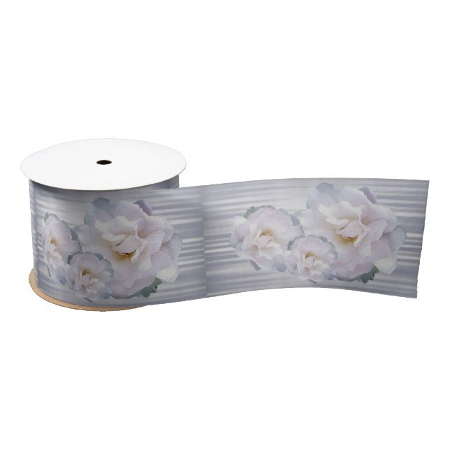 Pink grey roses satin ribbon (Spool)