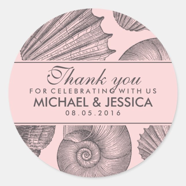 Pink Grey Seashell Wedding Favour Thank You Sticke Classic Round Sticker (Front)