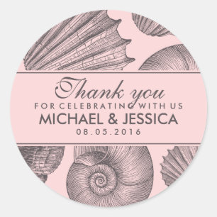 Pink Grey Seashell Wedding Favour Thank You Sticke Classic Round Sticker