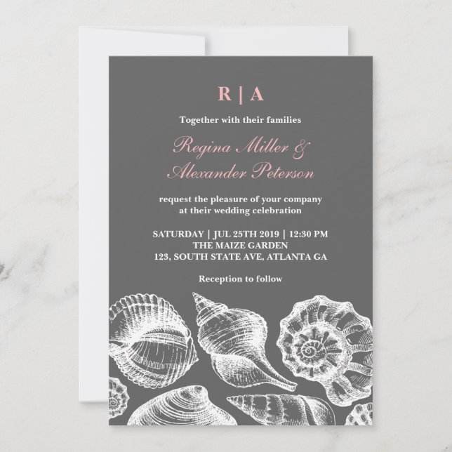 Pink Grey Seashells Beach Wedding Invitation (Front)