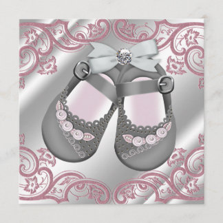 Pink Grey Shoes Swirls Pink Grey Baby Girl Shower Invitation