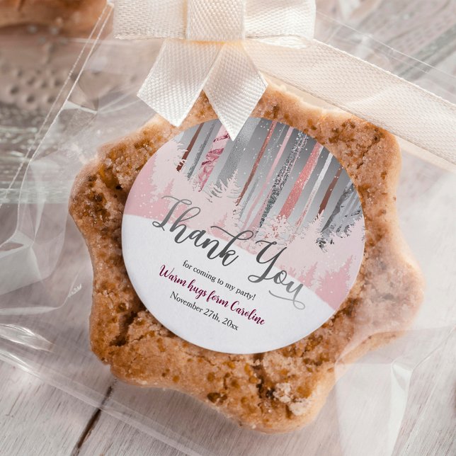 Pink Grey Silver Snow Forest Winter Birthday Classic Round Sticker (Creator Uploaded)