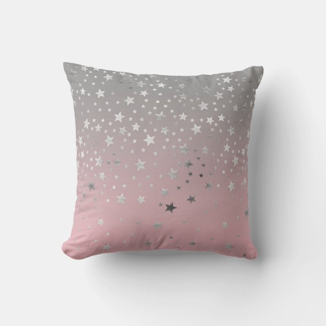 Pink Grey Silver Stars Girly Ombre Trendy Modern Cushion (Front)