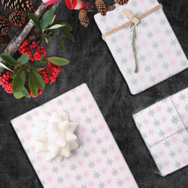 Pink Grey Snowflakes Wrapping Paper Sheet (Creator Uploaded)