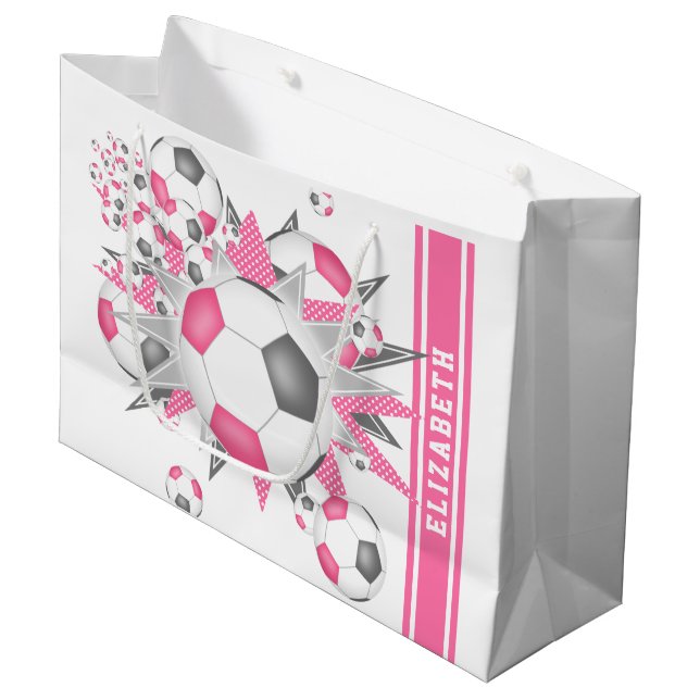 Pink grey soccer ball blowout personalised large gift bag (Front Angled)