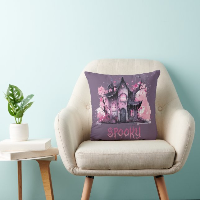 Pink & Grey Spooky Haunted House Purple Halloween Cushion (Chair)