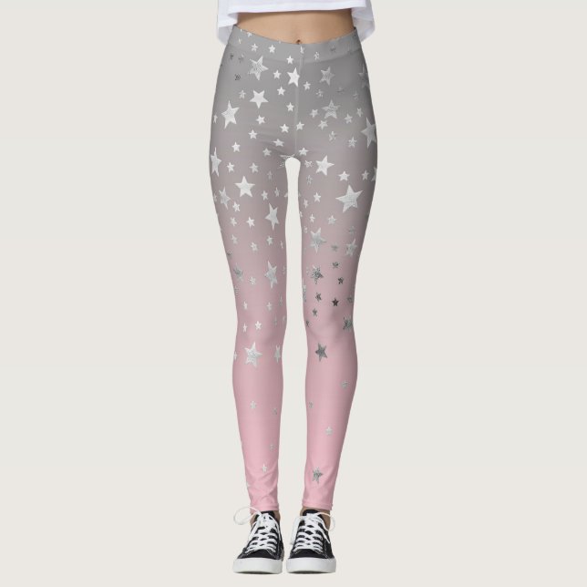 Pink Grey Stars Ombre Stylish Chic Modern Trendy  Leggings (Front)