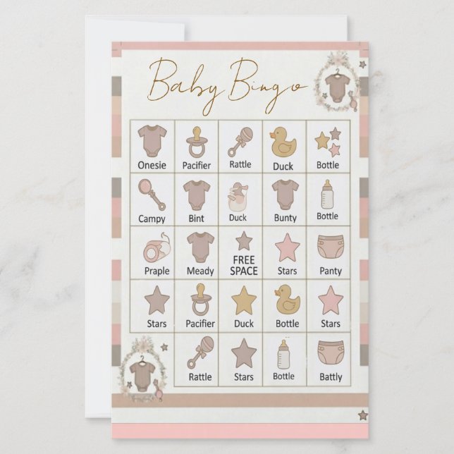 Pink Grey Stripes Baby Bingo Game  (Front)