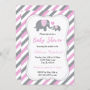 Pink & Grey Stripes Baby Elephant   Baby Shower Invitation