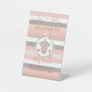 Pink Grey Stripes Baby in Bloom  Pedestal Sign