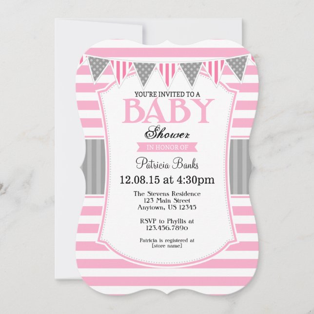 Pink Grey Stripes Baby Shower Invitation (Front)