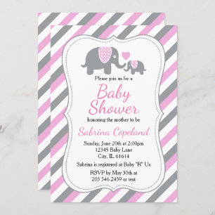 Pink & Grey Stripes Elephant Baby Shower Invitation