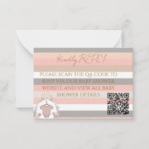 Pink Grey Stripes QR Code RSVP Card