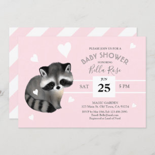 Pink Grey Stripes Racoon Baby Shower Invitation