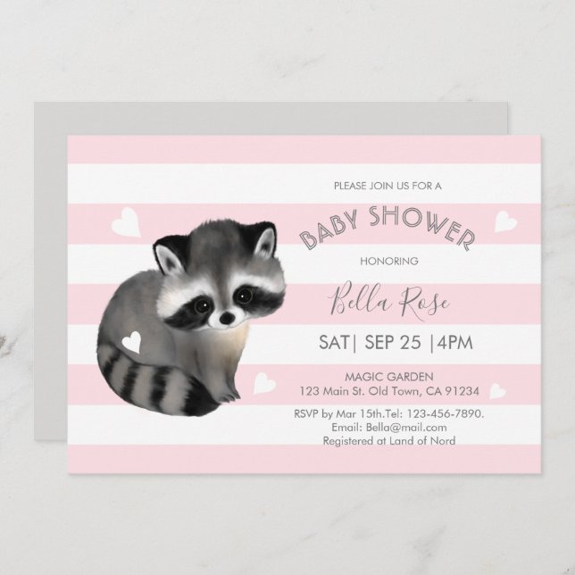 Pink Grey Stripes Racoon Heart Baby Shower Invite (Front/Back)