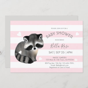Pink Grey Stripes Racoon Heart Baby Shower Invite