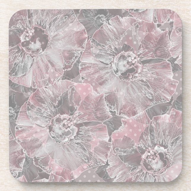 Pink grey stylish large flowers coaster (Front)