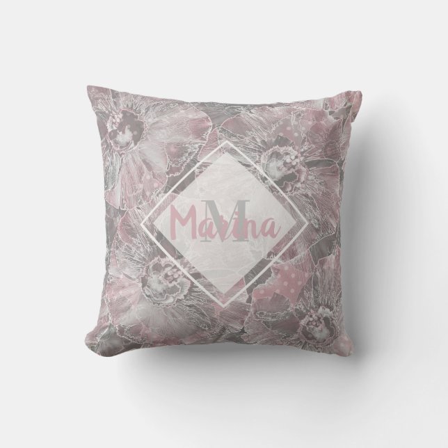 Pink grey stylish large flowers cushion (Front)