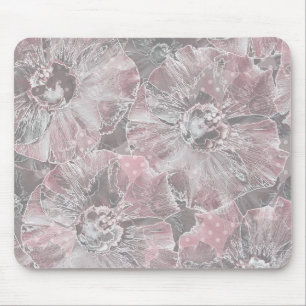 Pink grey stylish large flowers mouse pad