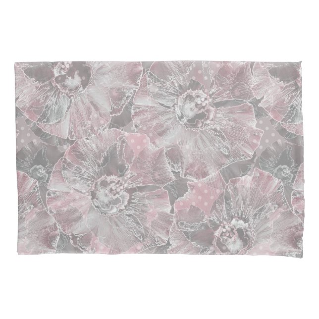Pink grey stylish large flowers pillowcase (Front)