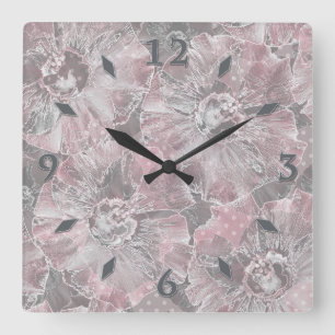 Pink grey stylish large flowers square wall clock