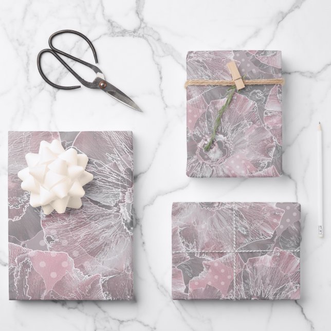 Pink grey stylish large flowers wrapping paper sheet (Front)