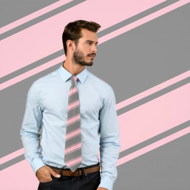 Pink & Grey Thick and Thin Diagonal Stripes Tie (Man wears a Pink & Grey Thick and Thin Diagonal Stripes Tie
)