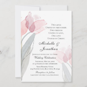 Pink Grey Tulips Modern Floral Christian Wedding Invitation