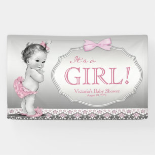 Pink Grey Vintage Baby Girl Baby Shower Banner